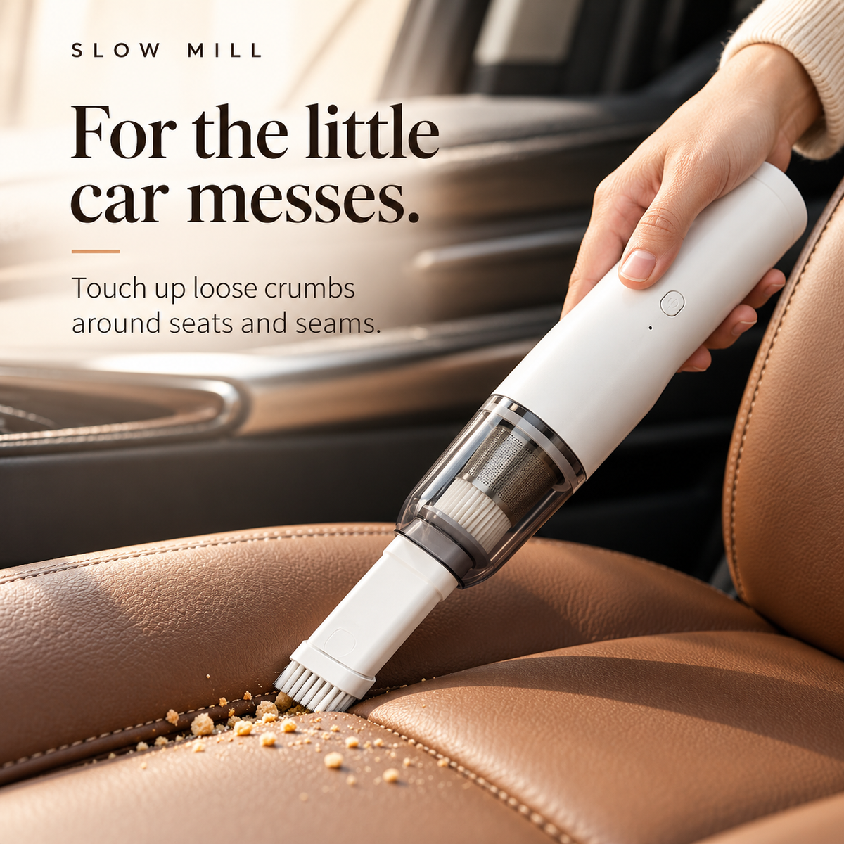 Slow Mill portable cordless vacuum — car seat