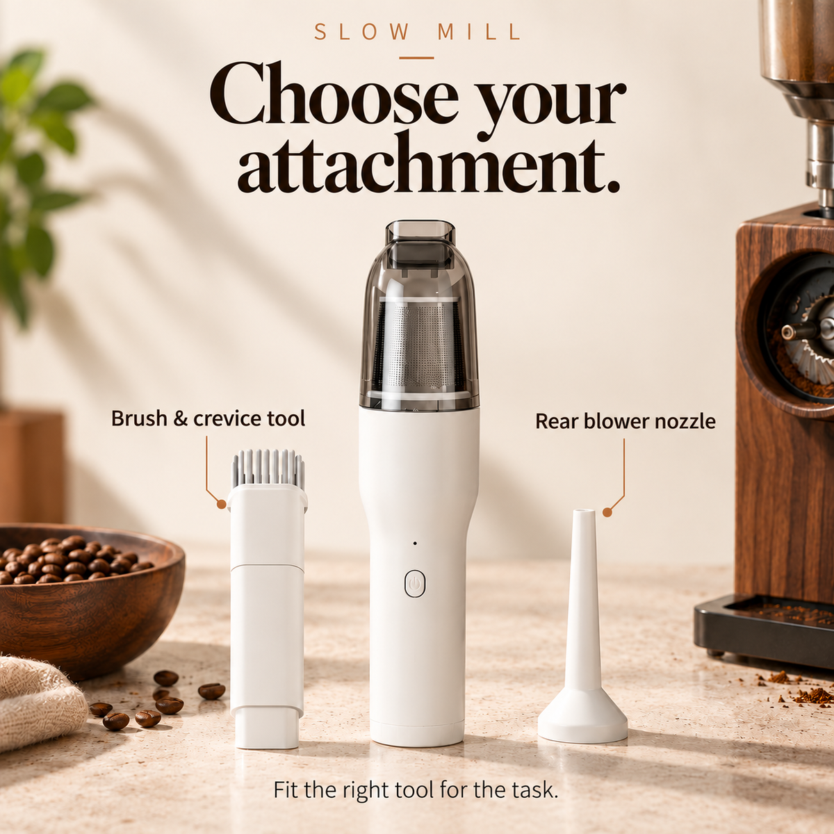 Slow Mill portable cordless vacuum — attachments