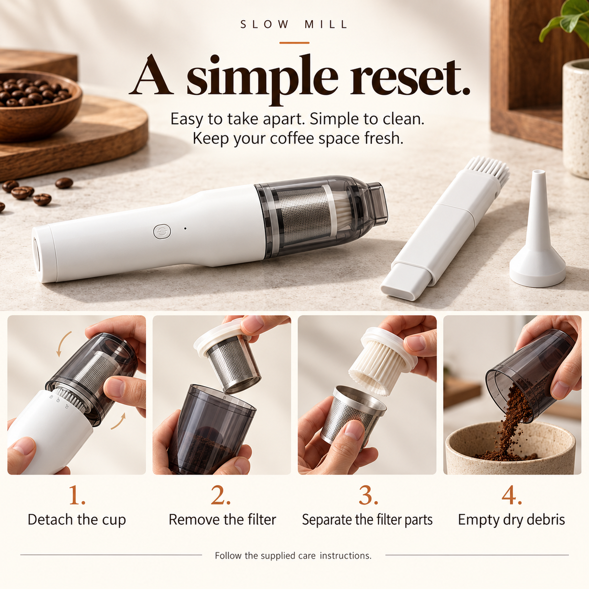 Slow Mill portable cordless vacuum — emptying