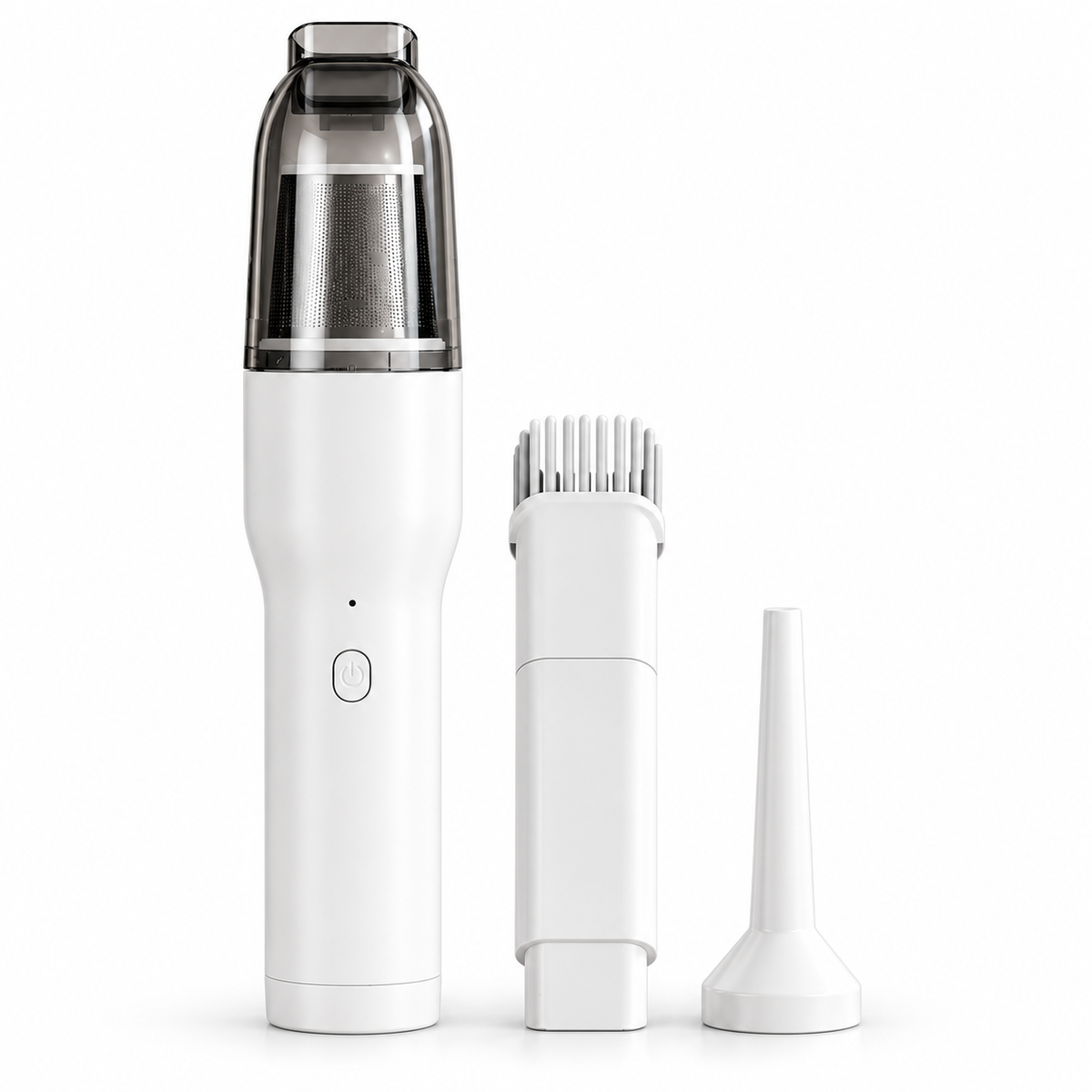 White cordless mini vacuum with brush and blower attachments on a pure white background