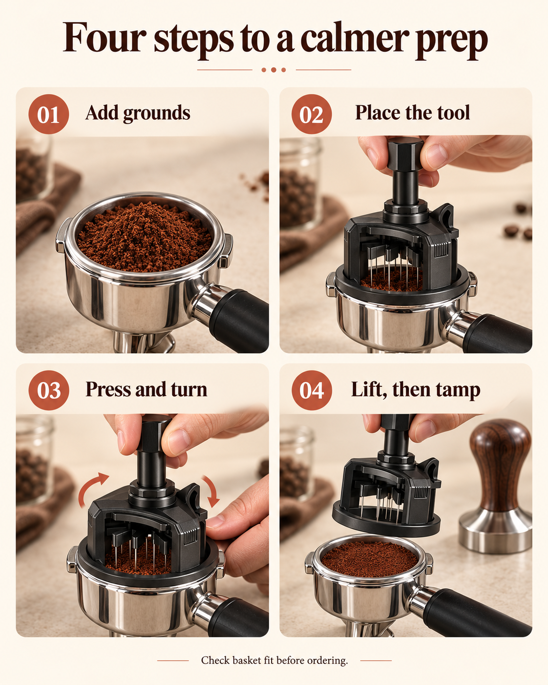 Four steps for using a rotary espresso WDT tool