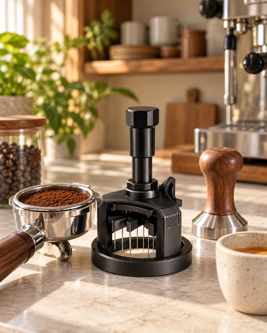Rotary WDT tool in a bright home espresso setting