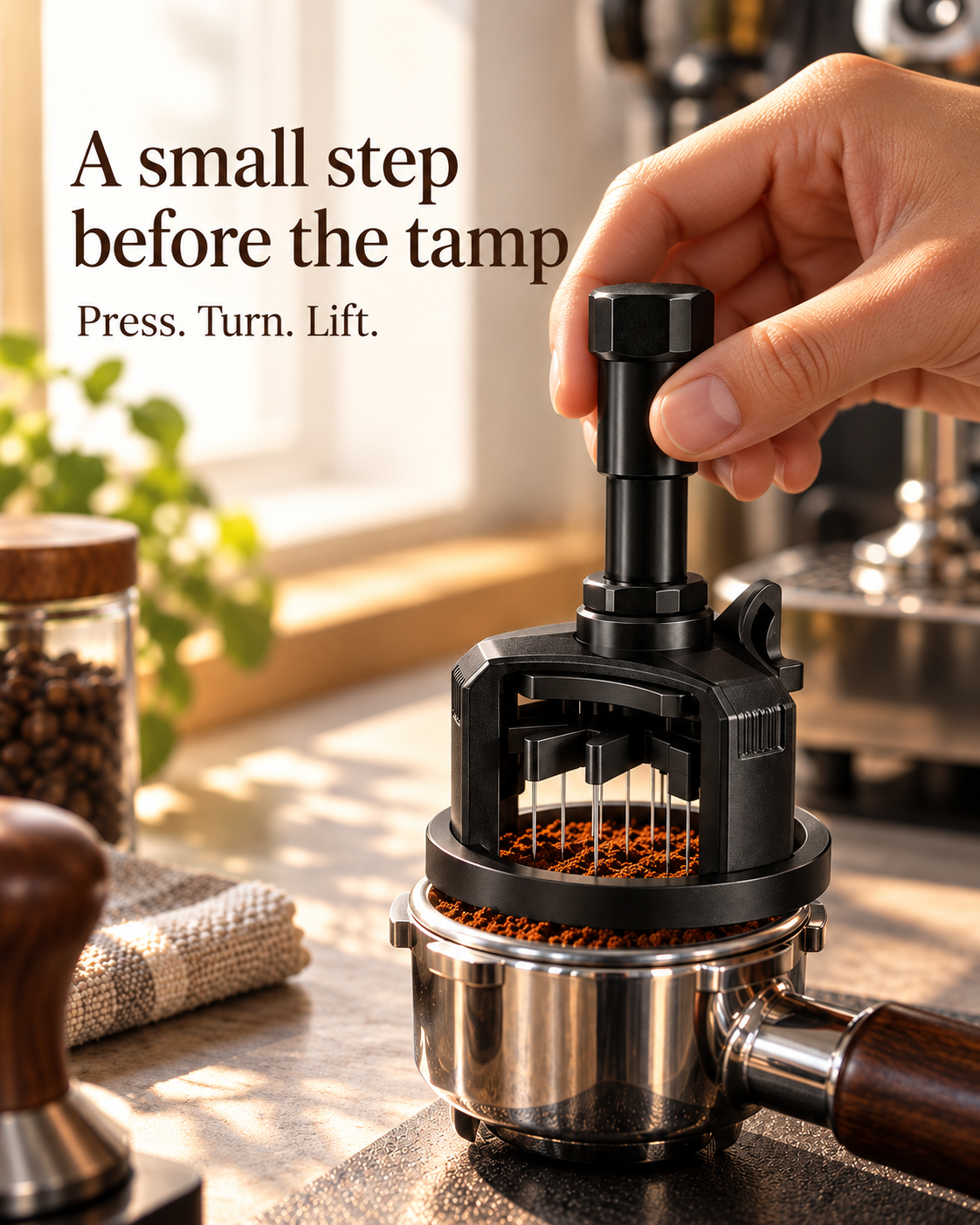 Rotary WDT tool in use over an espresso portafilter before tamping